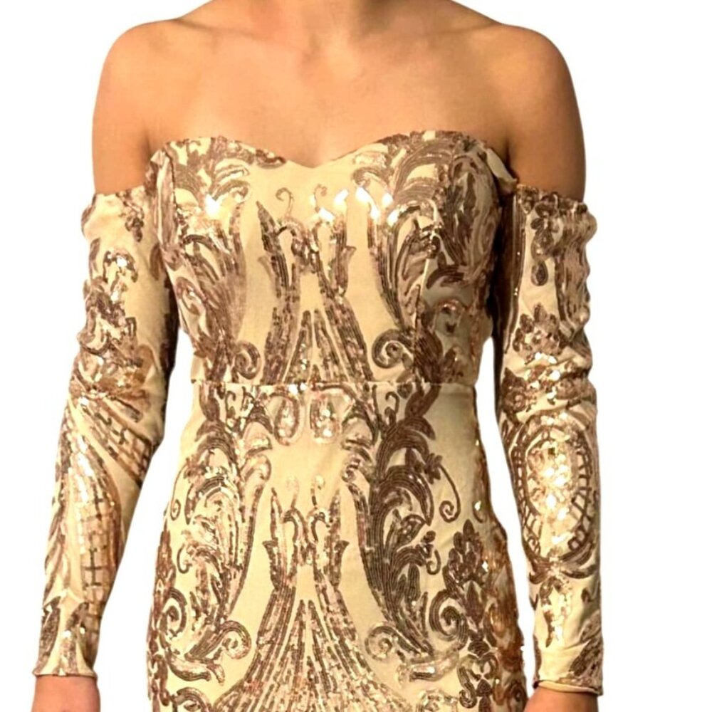 Miss Ord Gold Sequin Formal Gown Off-Shoulder Long Sleeves & Train Bodycon Small - Picture 4 of 9